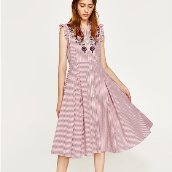 Zara striped dress with embroidery and pockets